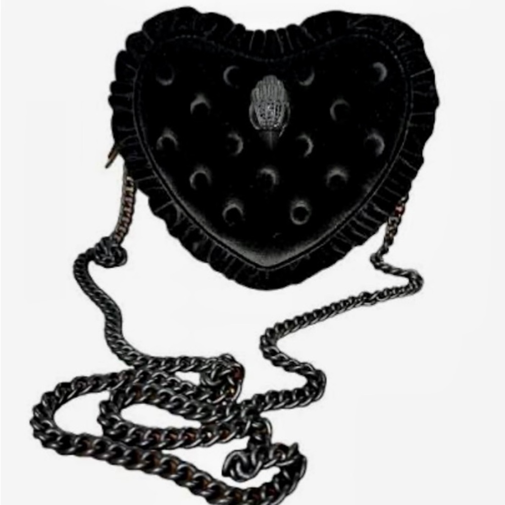 Kurt Geiger Black London Kensington Drench Ruffle Velvet Heart Crossbody Bag.
